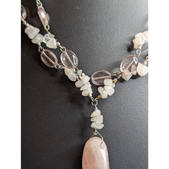 Robert Rose Pink Jadeite Quartz Chip Pink Glass Bead Double Strand Necklace - Picture 3 of 8